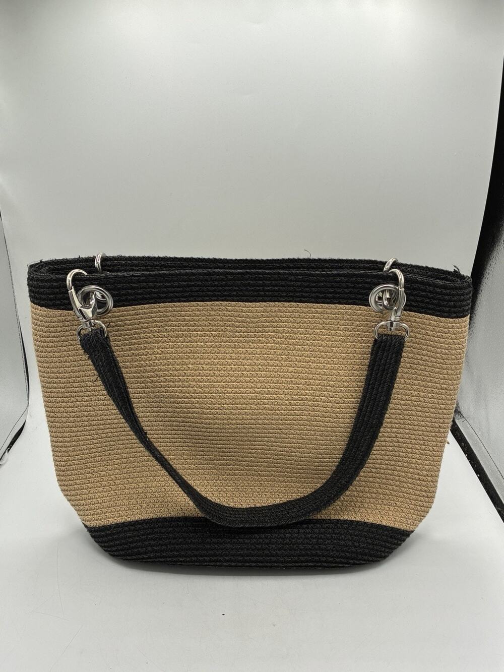 Woven Straw Tote Bag Black Tan Color Block Summer Handbag Silver Hardware